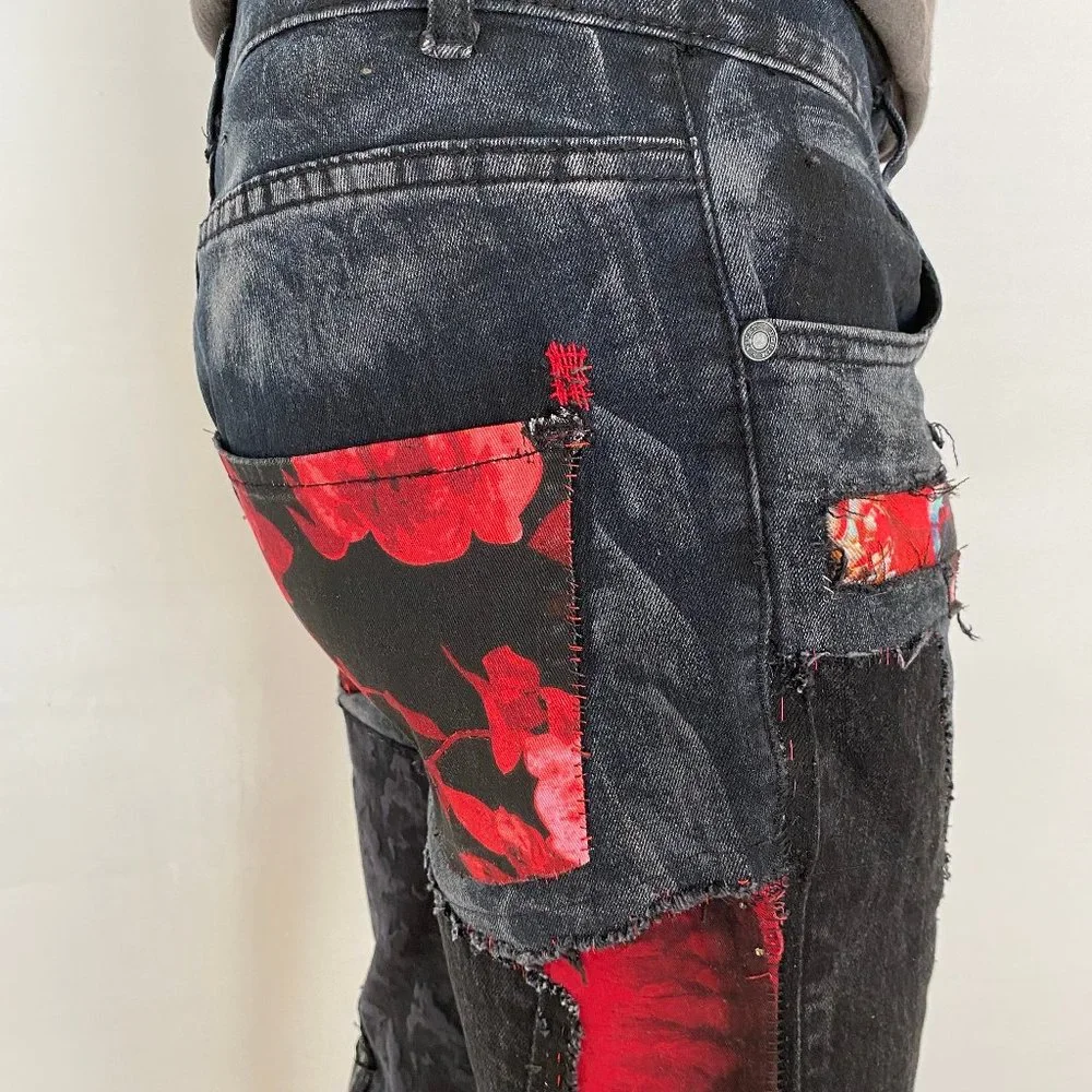 Acid Washed Black & Grey jeans with Metallic silver and CRIMSON Rose Tie Dye - Picture 10 of 17